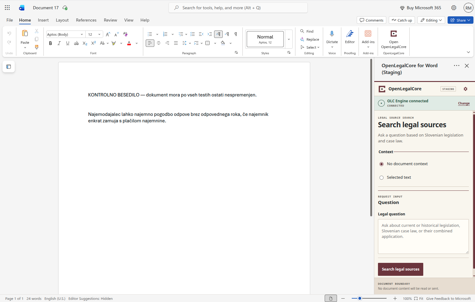 Microsoft Word for the web with OpenLegalCore connected to OLC Engine and No document context selected.