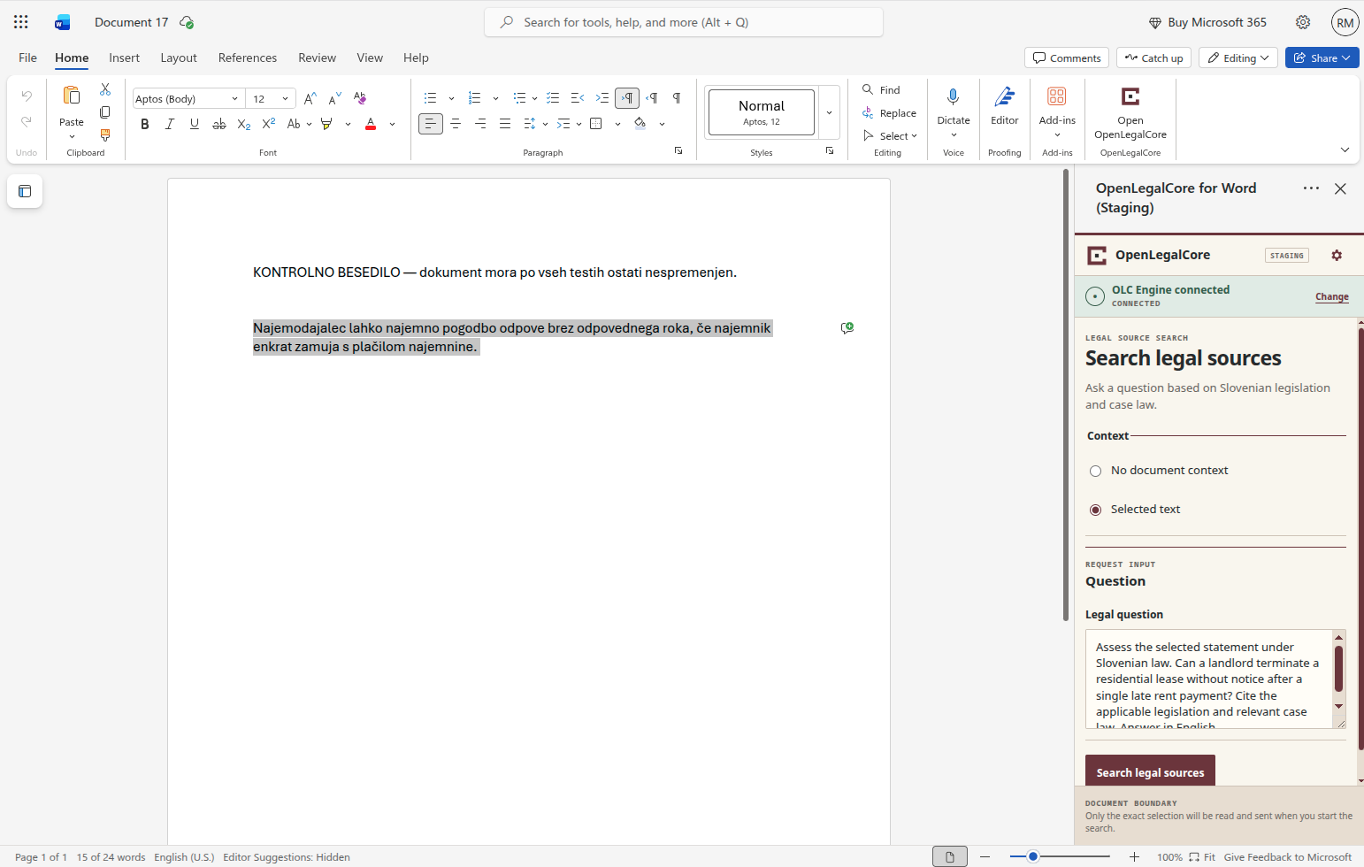 A Slovenian clause selected in Microsoft Word with an English legal question prepared in the OpenLegalCore task pane.