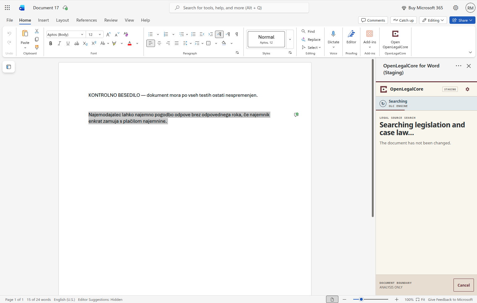 OpenLegalCore searching legislation and case law from a selected Word passage with a visible Cancel action.