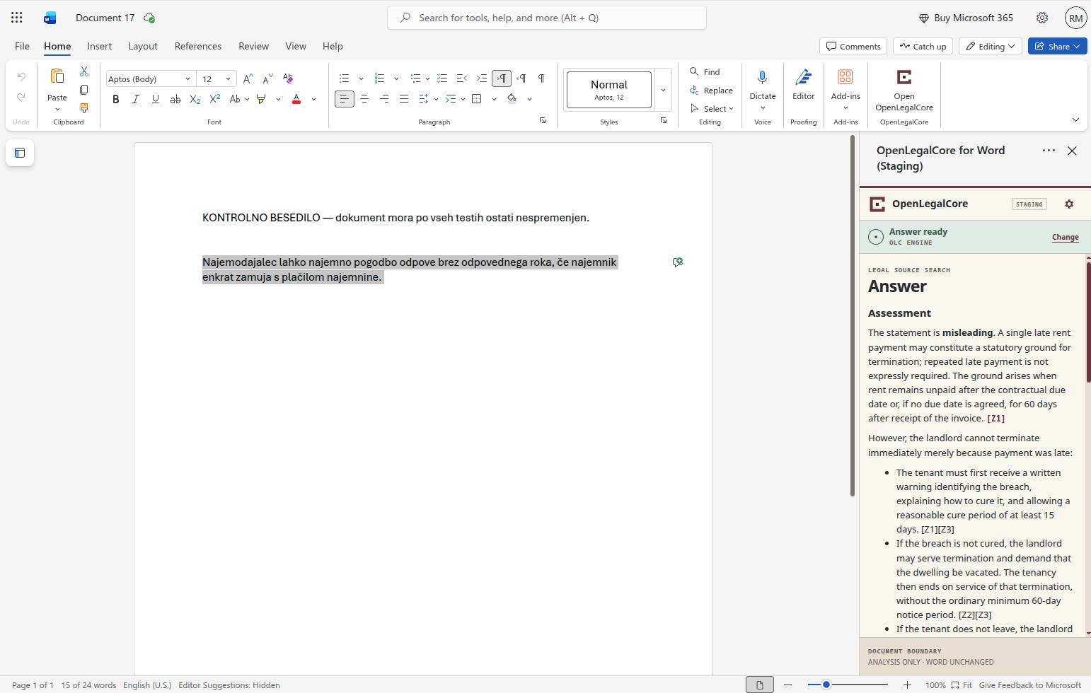An OLC Engine legal assessment with inline source references displayed beside selected text in Microsoft Word.