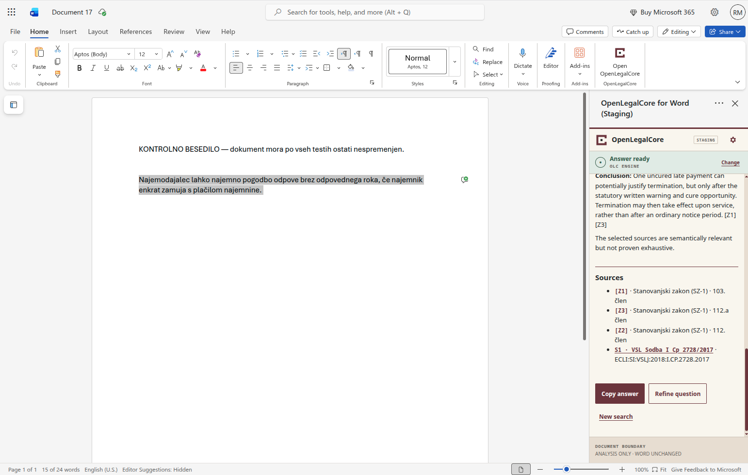 OLC Engine result in Word showing Slovenian legislation and case-law sources plus copy, refine and new-search actions.