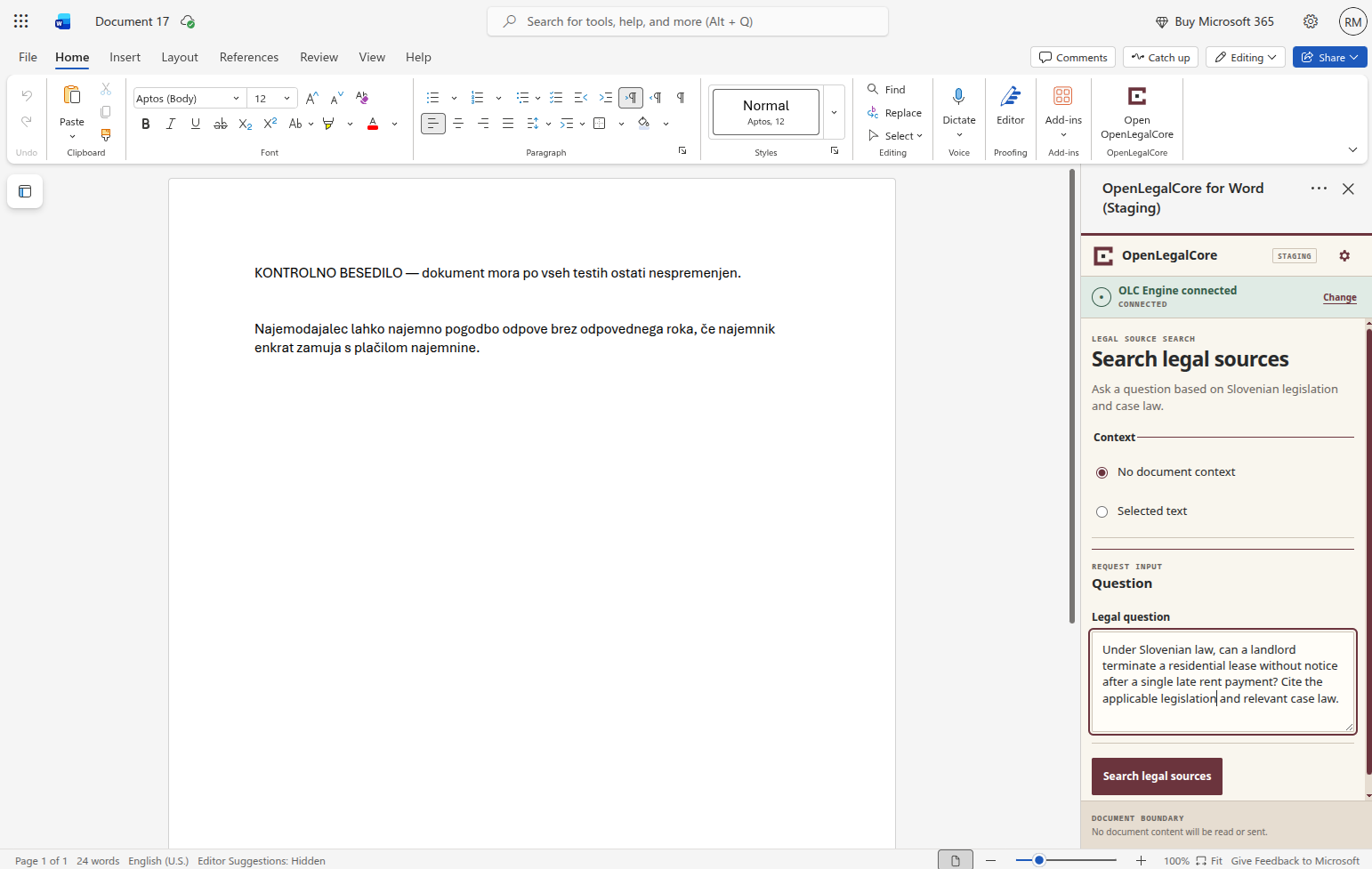 Microsoft Word for the web with No document context selected, an English standalone legal question prepared, and no Word text selected.