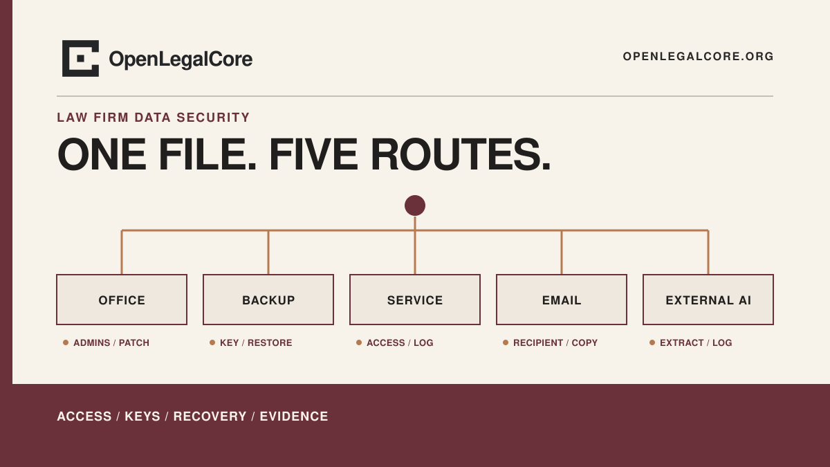 One case file branches into an office system, encrypted backup, managed service, email and external AI; each route needs its own assessment of access, keys, recovery and evidence.